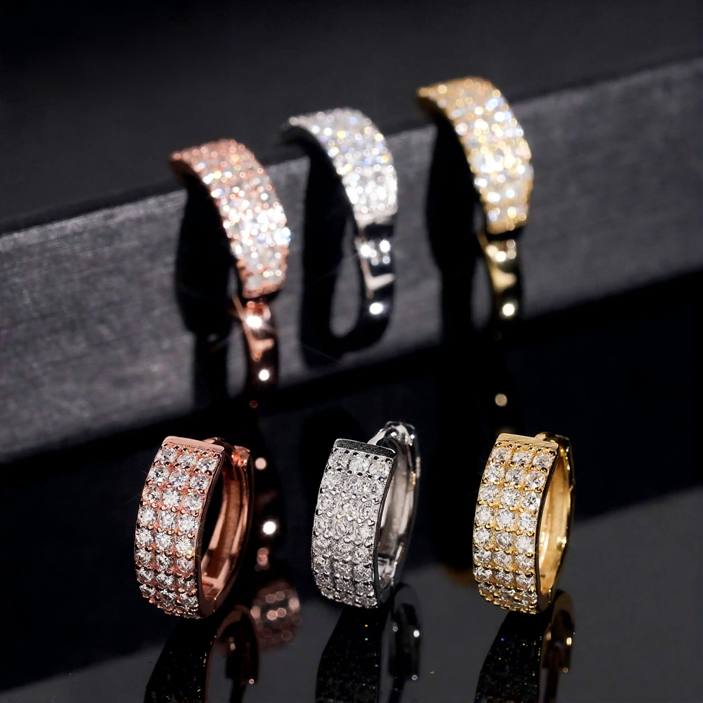 Three Row Diamond Hoop Earrings